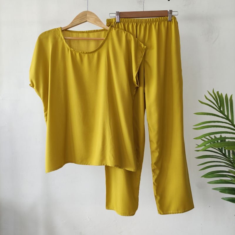 PAKET 4 PCS 100 RB SETELAN ANDIN / SECEL PAJAMAS/BAJU TIDUR SANTAI-MUSTARD 4 PCS