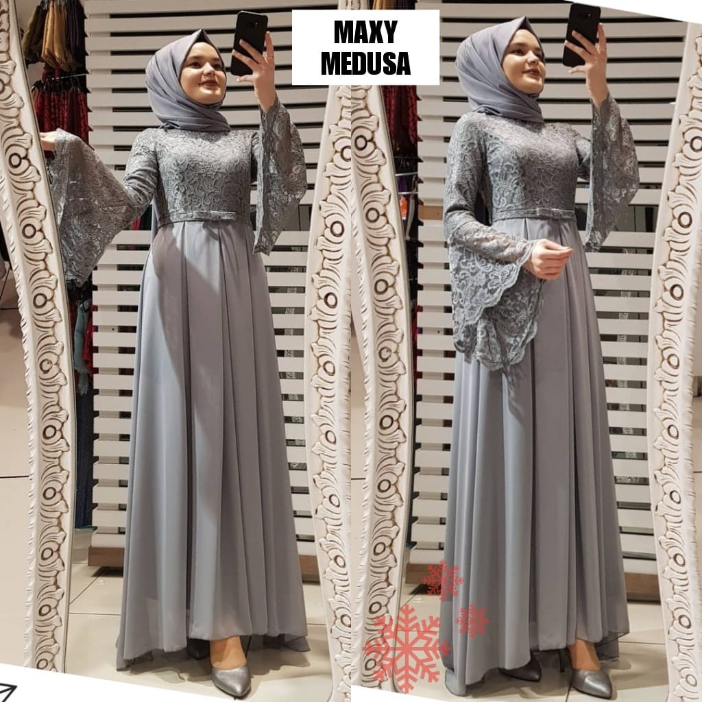 GAMIS BRUKAT MAXI MEDUSA TANGAN TEROMPET KOMBINASI JERSEY BRUKAT PREMIUN