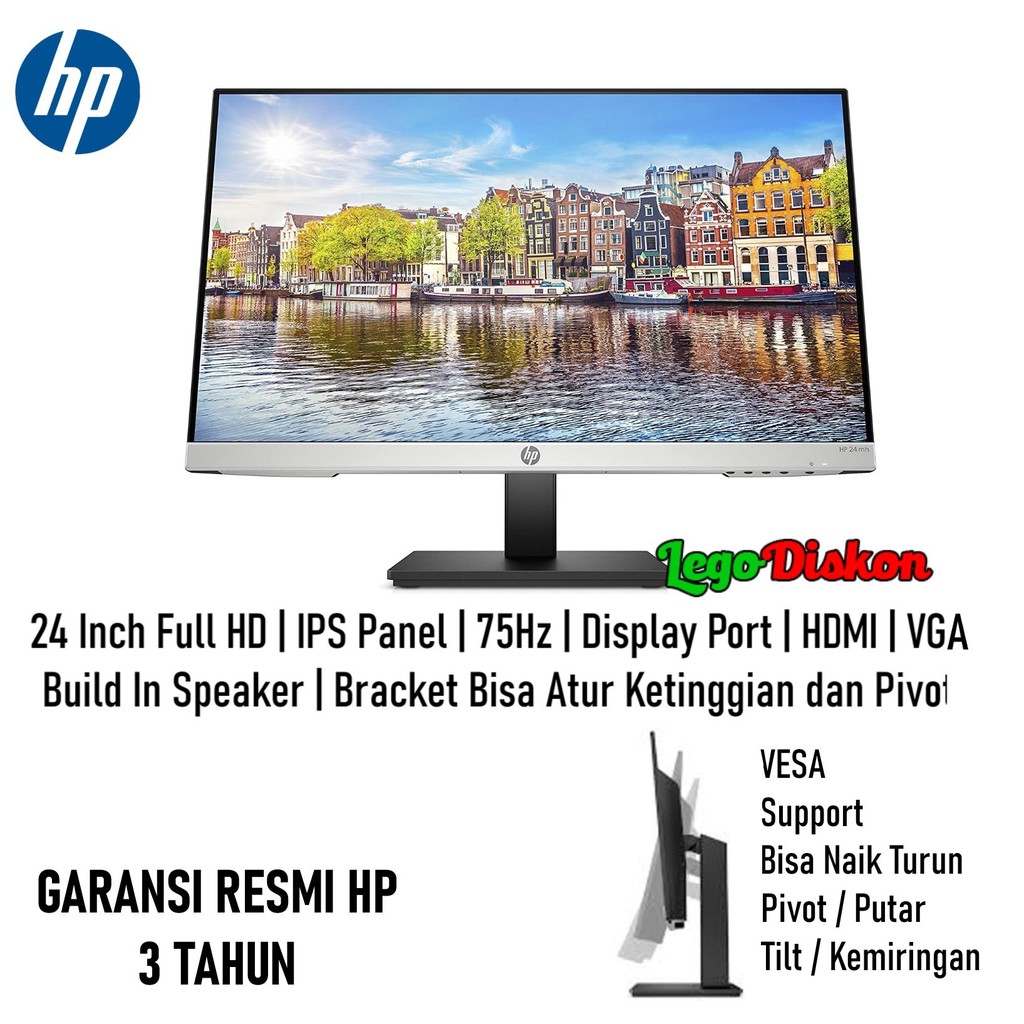 HP 24MH Full HD IPS DisplayPort HDM VGA Adjust Height Pivot Monitor