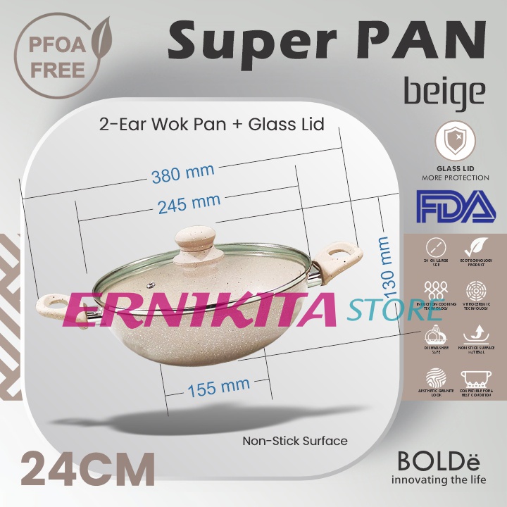 BOLDe SUPER PAN 2 EAR WOK 24 CM + LID - Wajan 24 cm 2 Kuping Tutup Kaca