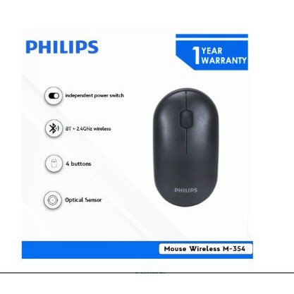 Mouse philips bluetooth wireless 2.4ghz optical 1600dpi 4d on off for office gaming pc laptop m-354 m354 spk7354