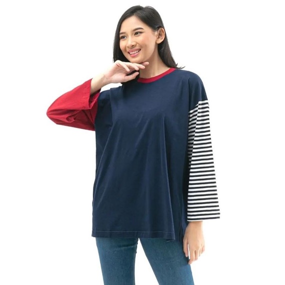 kaos polos kombinasi salur lengan panjang