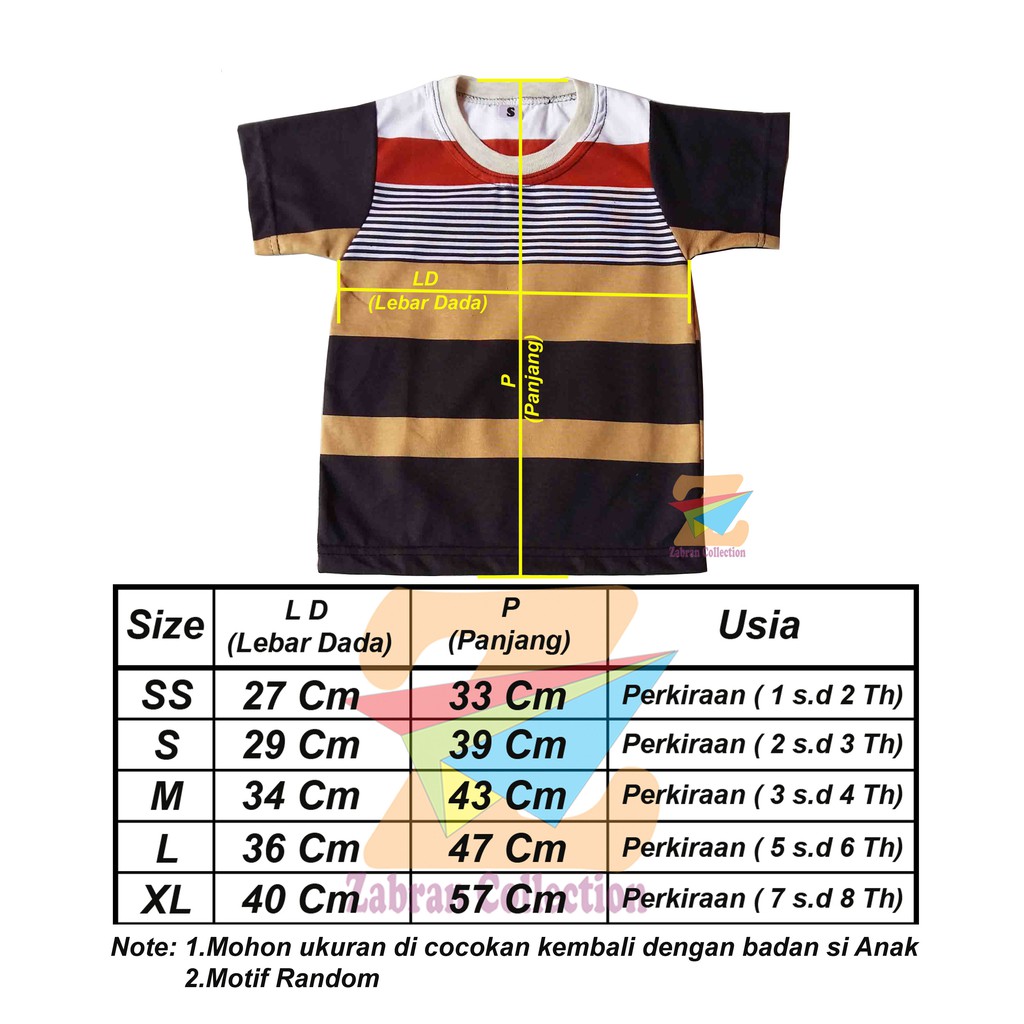 Isi 5 - Kaos Salur Anak Bahan Kaos Combed (Umur 1 Sampai 8 Tahun)