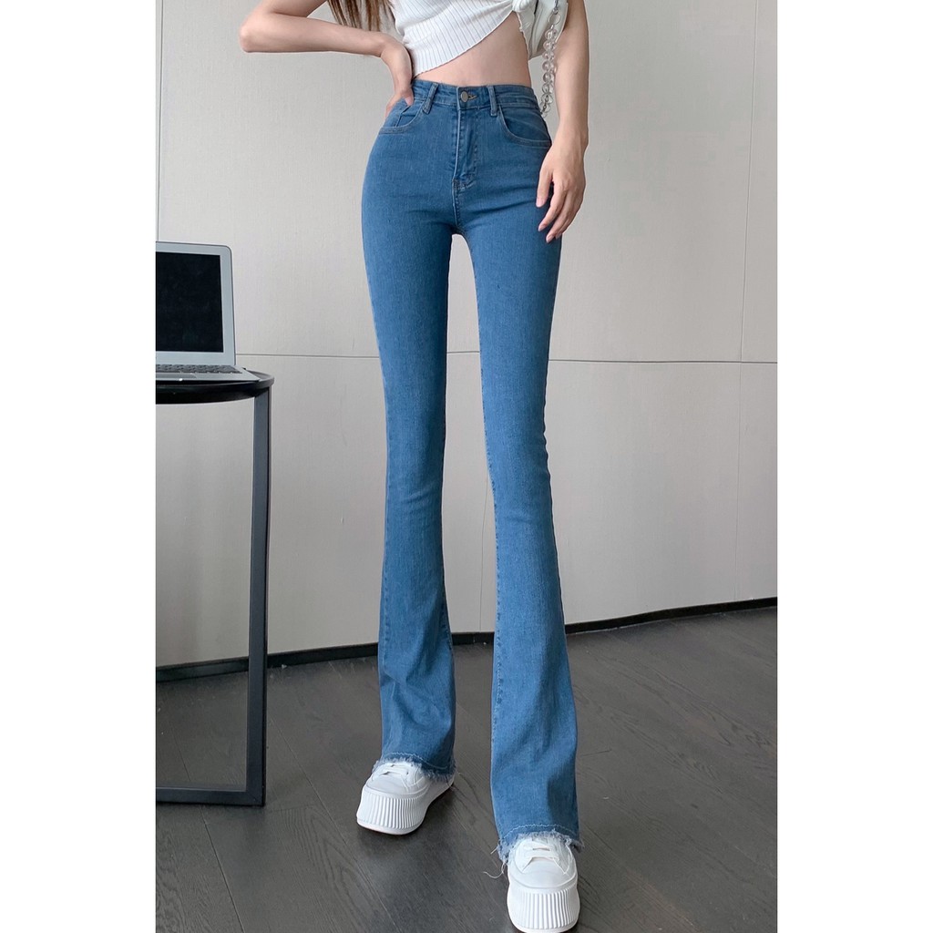 Peregangan Retro Pinggang Tinggi Boot-Cut Celana Fashion Baru Pelangsing Jeans Berjumbai Celana Panj