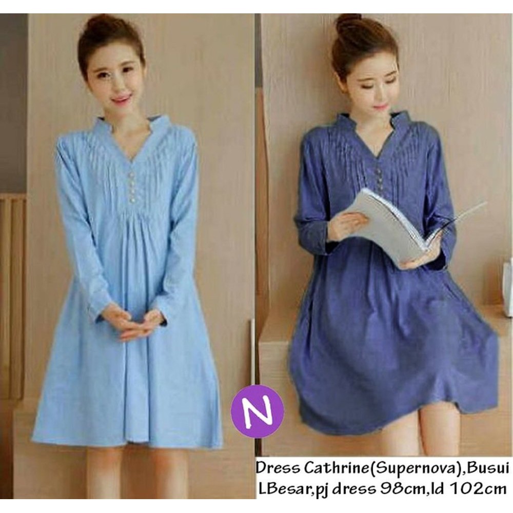 Terbaru  dress lengan panjang biru muda biru tua kancing busui