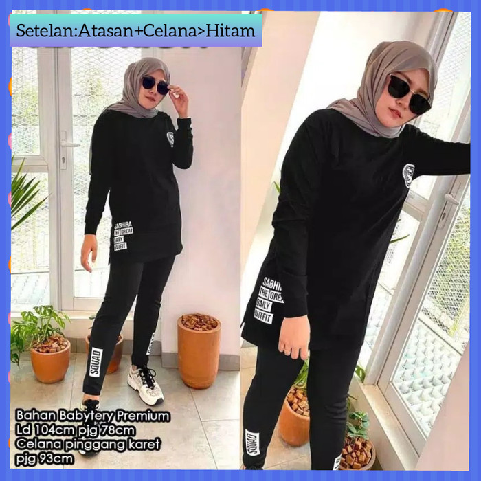 setelan hijab baju sport wanita squad senam zumba aerobik sepeda hitam