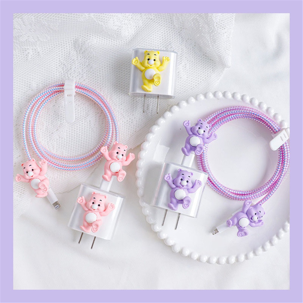 1 Set Strawberry Bear Kartun Ponsel Kabel Data Penutup Pelindung Set Cocok untuk Apple 18W20W Charger