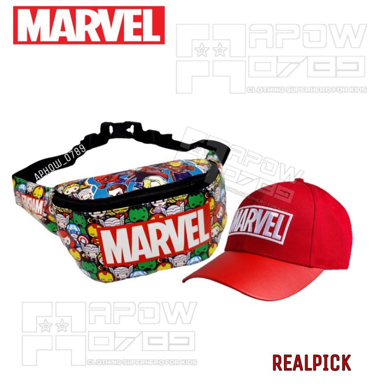 Paket Murah 2in1 Tas Waistbag anak Marvel/Bonus topi Bordir