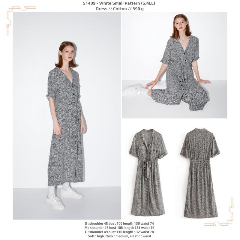51409 White Small Pattern Dress / Dress Casual Panjang Hitam Putih