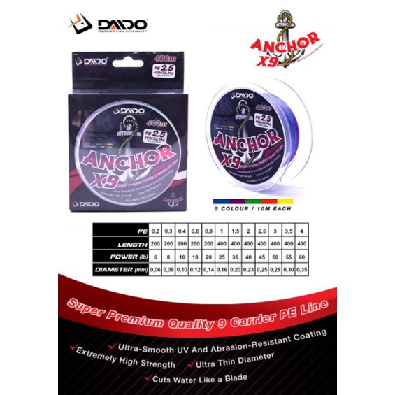 SENAR PANCING PE DAIDO ANCHOR X9 PE 0.2 - 4.0 200 400 METER MULTICOLOUR