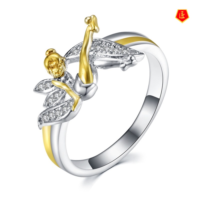 [Ready Stock]Golden Angel Silver Ring Women's Diamond-Embedded Cute