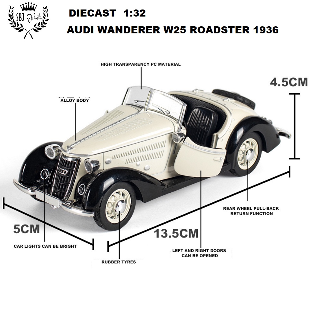 DIECAST miniatur MOBIL AUDI WANDERER W25K ROADSTER 1936 SKALA 1:32