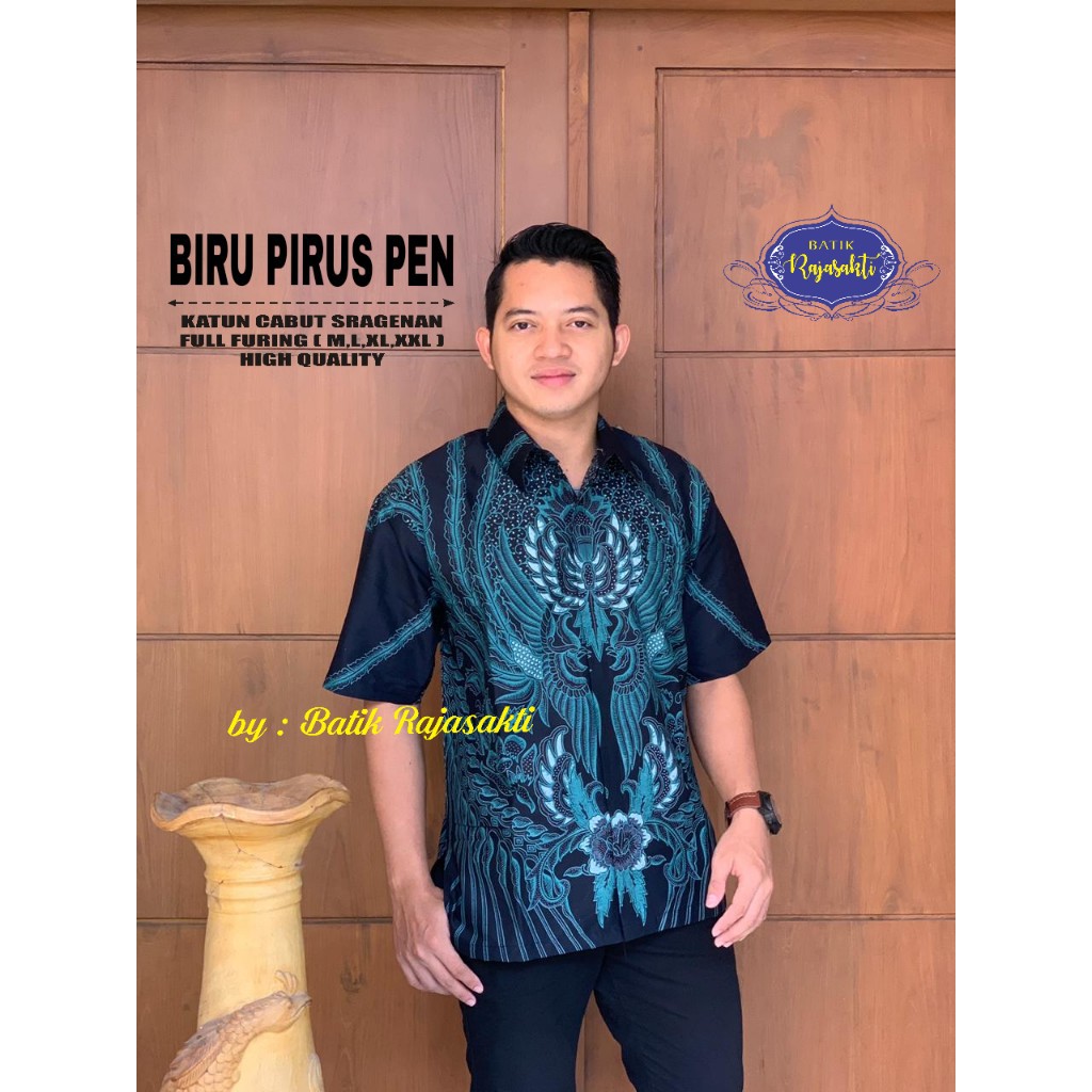 BIRU PIRUS PEN Kemeja Batik Pria Lengan Pendek Katun Halus FULL FURING Rajasakti