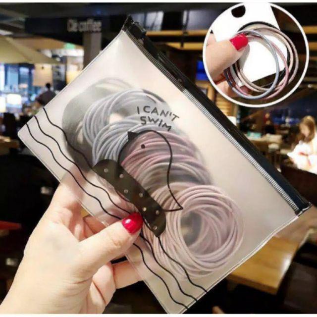 [100 PCS] Ikat Rambut Korea I Can Swim isi 100 pcs Warna Warni + Pouch Aksesoris Rambut