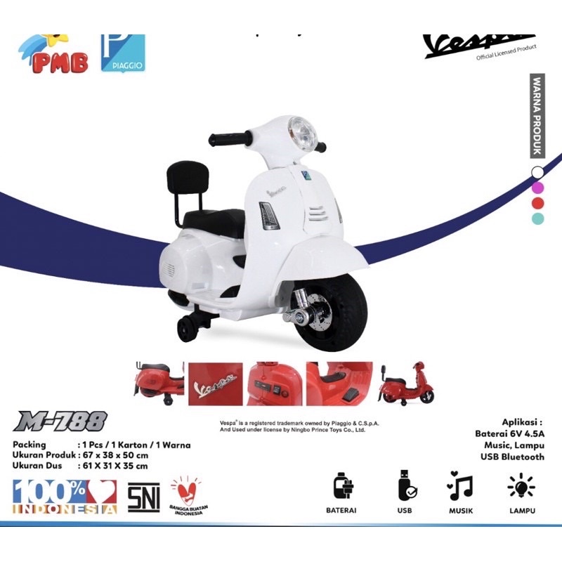 Mainan Anak Motor Aki Murah Vespa Vintage Classic Lisensi Original Pmb 788-1