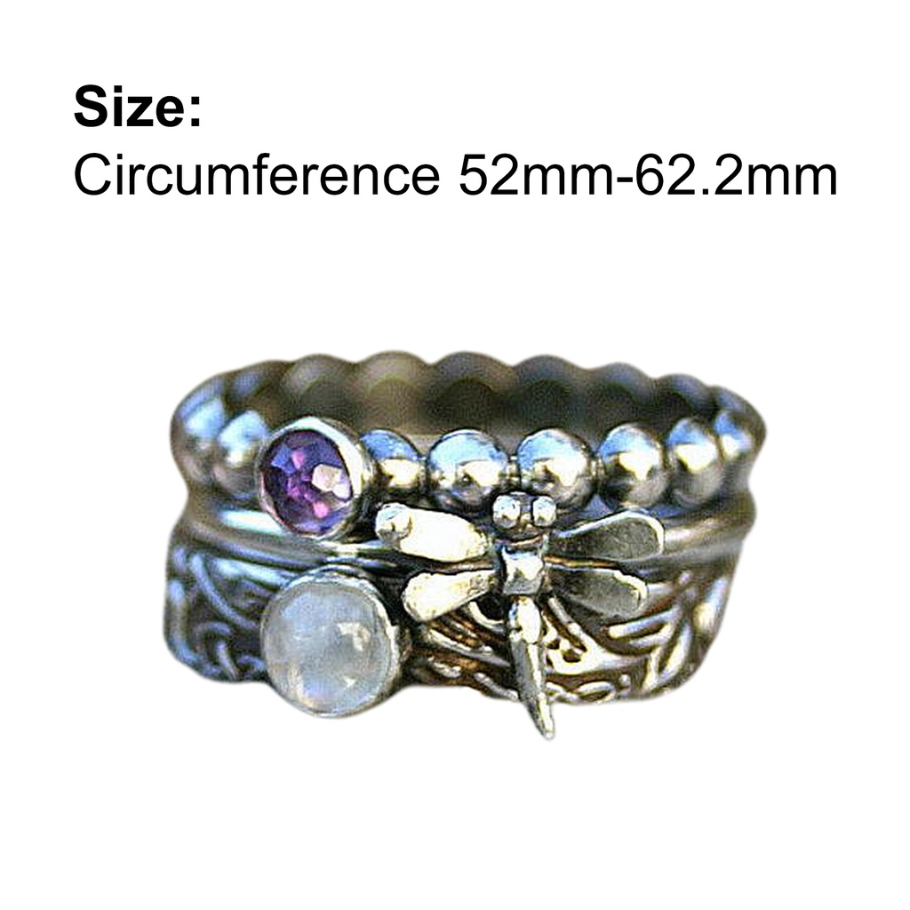 Hu Hu Hu Hu Hu Alat Bantu Pasang Kacamata♡ 3pcs / Set Cincin Silver Wanita Bentuk Capung Hias Batu Permata Imitasi Oval Mini Stackable Untuk Hadiah