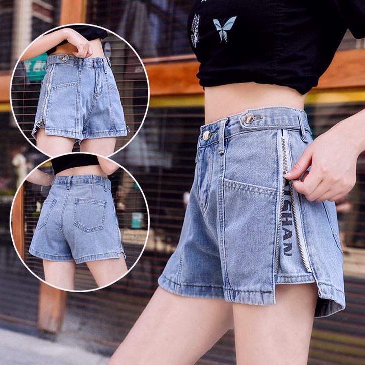 Celana jeans pendek wanita korea style biru muda hotpants denim sobek cewek highwaist jens cewek ripped pinggang tinggi kekinian short xl xxl Robek