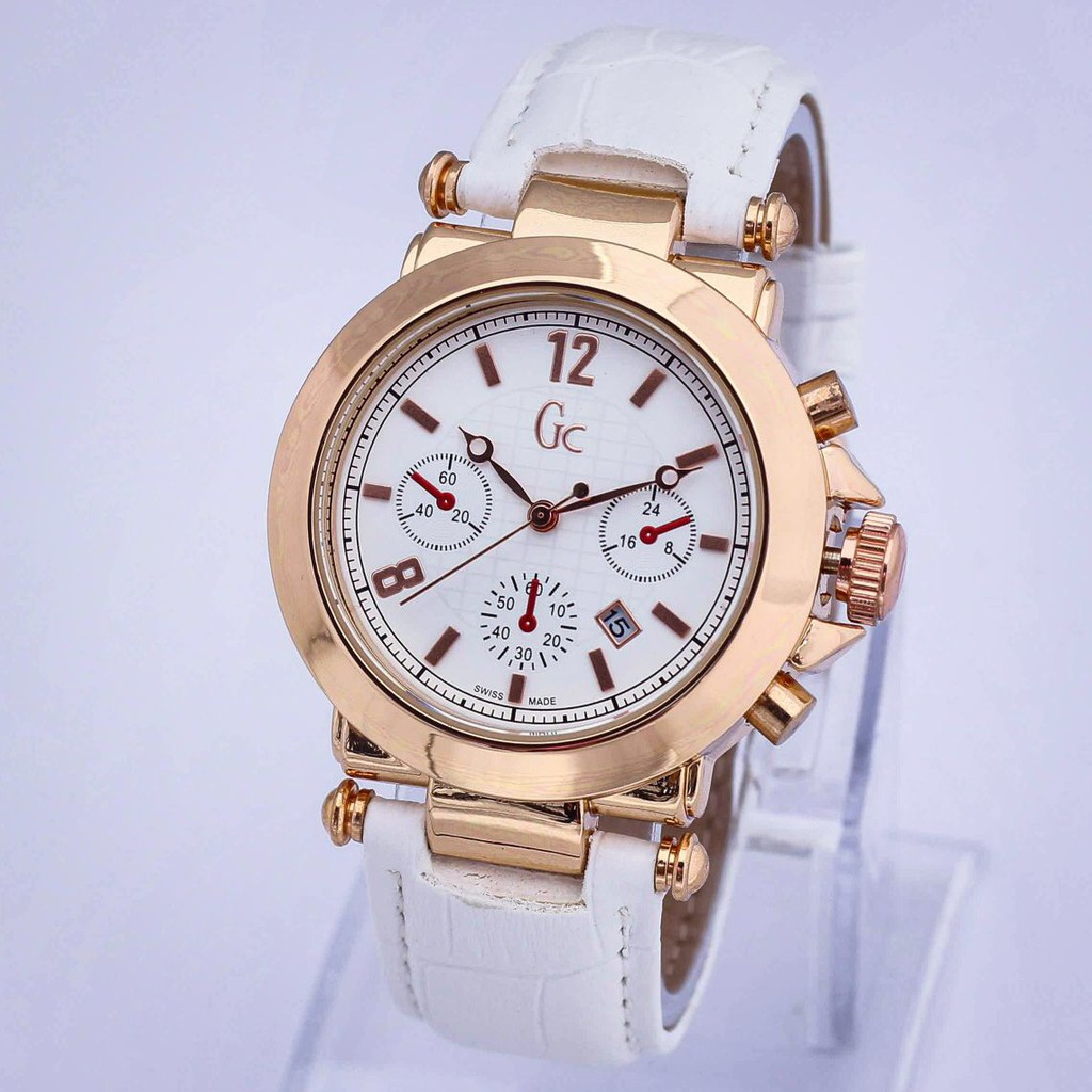 Jam Pria / Cowok / Wanita / Cewek Guess / GC Dakota Chrono OFF Kulit Putih Gold