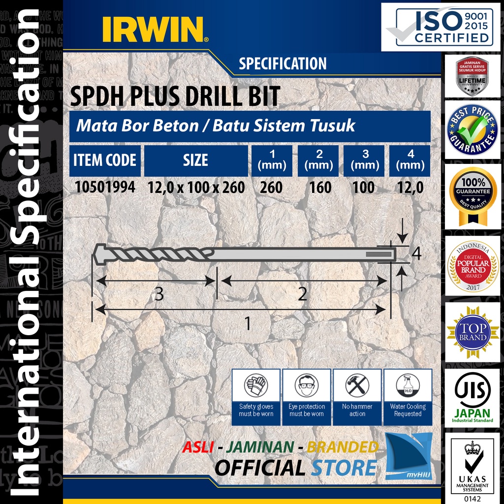 Mata Bor 9 ~ 22 mm PANJANG Untuk Beton Keras, Batu Alam dan Granit - SPDH Plus Drill Bits IRWIN