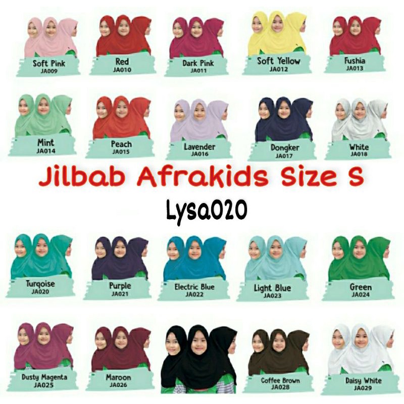 SIZE S JILBAB AFRAKIDS dan SabinFatin [Afrakids New] ORIGINAL 20 WARNA DAN 10 WARNA TERBARU