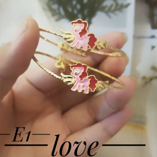 TERLARIS Xuping Set Perhiasan ANAK Lapis Emas Gelang Kuda Poni Pink 1 Pcs Permata Titanium Asli Cute