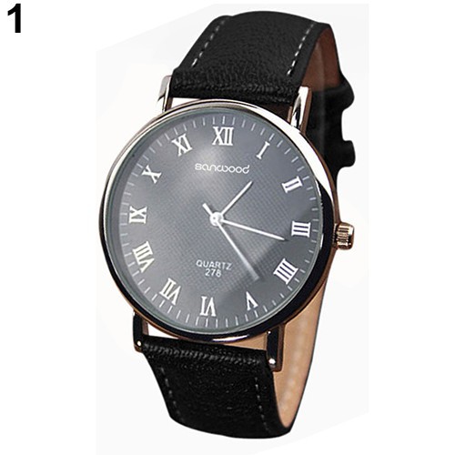 Jam Tangan pria Bisnis Quartz Angka Romawi Strap Kulit Imitasi Hitam import