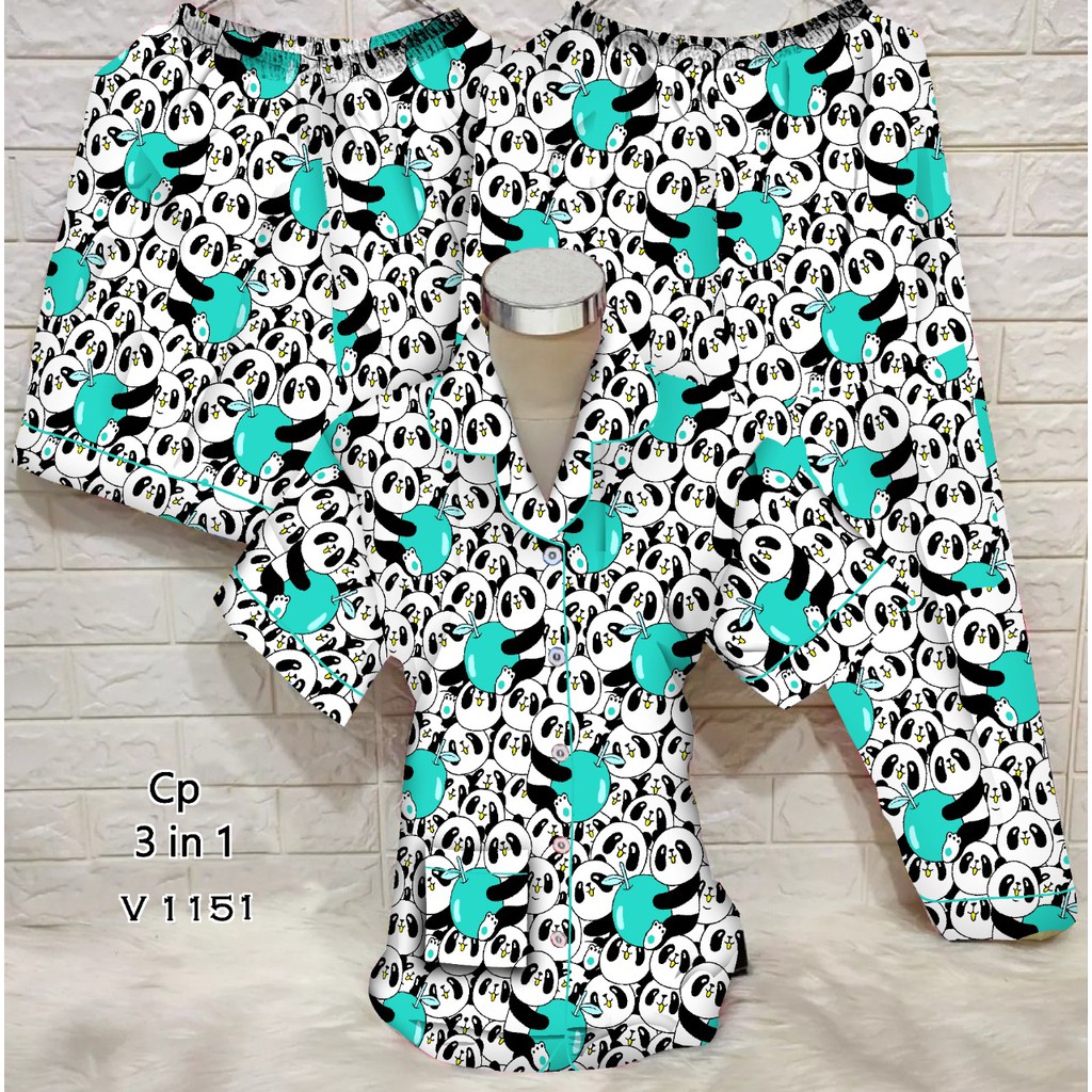 JNV Piyama CP 3in1 Wanita Motif Karakter Kartun 03 - Baju Tidur 3in1 - Bahan Katun-Panda Apple Tosca