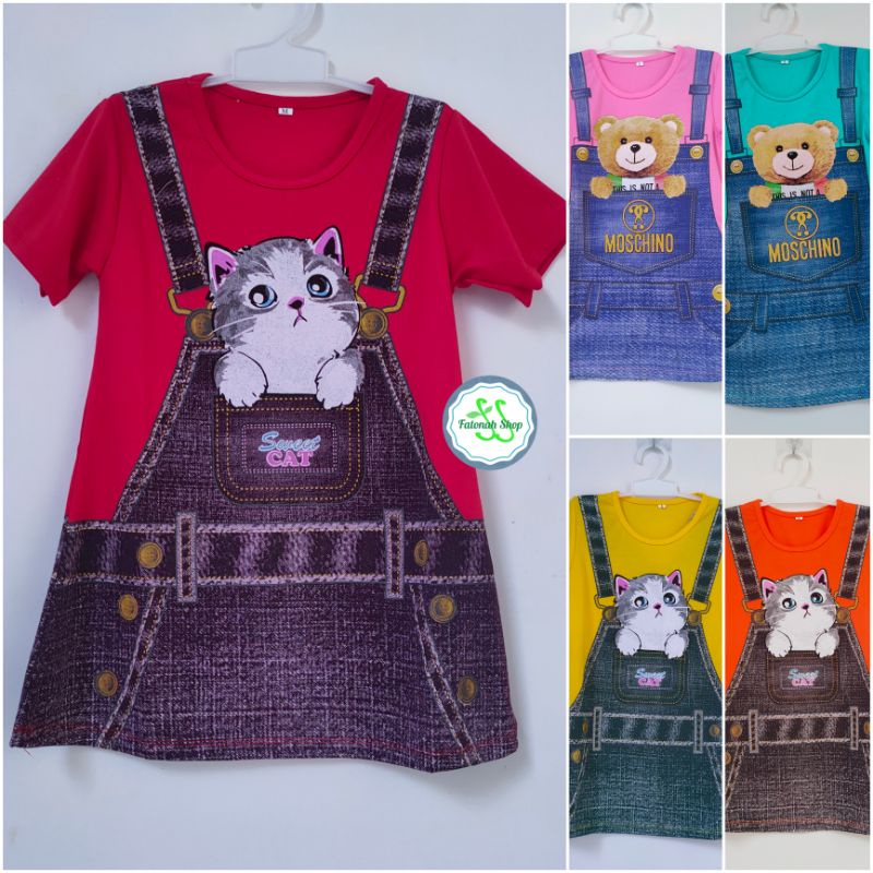 Dress Anak 1 2 3  tahun KUCING cat bear unyu adem Model baru fatonah shop jawa tengah merah kuning pink oren murah ( Dress DENIMA )