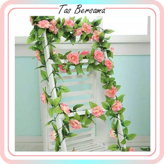 Bunga Rambat Palsu Bunga Juntai Plastik Tanaman Hias Daun Imitasi Mawar Rose Artificial Dekorasi Dinding Hijang KB35