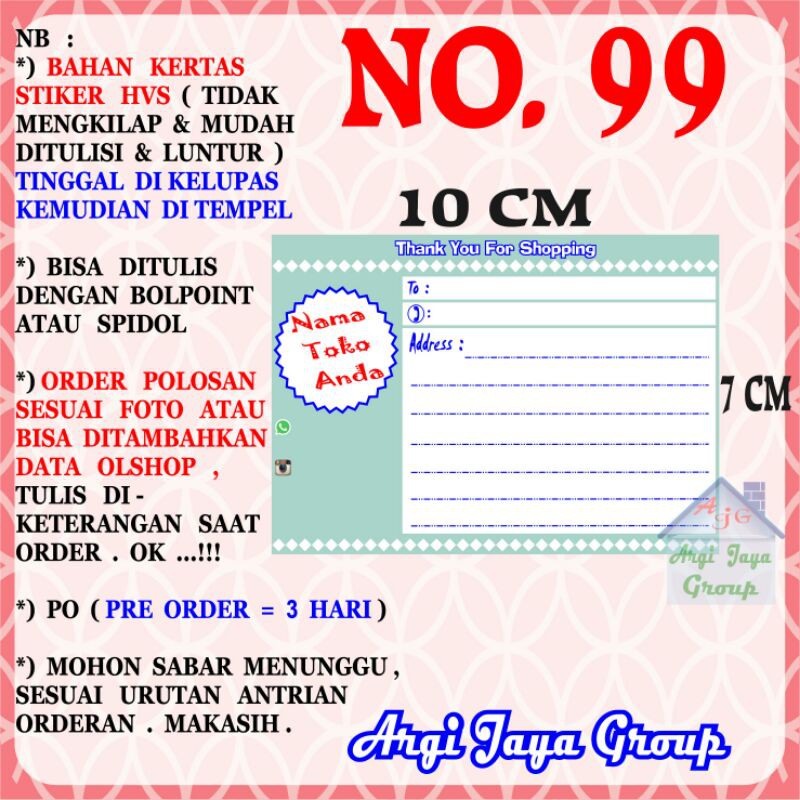 

Stiker HVS - Stiker Pengiriman - Sticker Alamat Olshop Murah Nomer 99 - 10x7cm