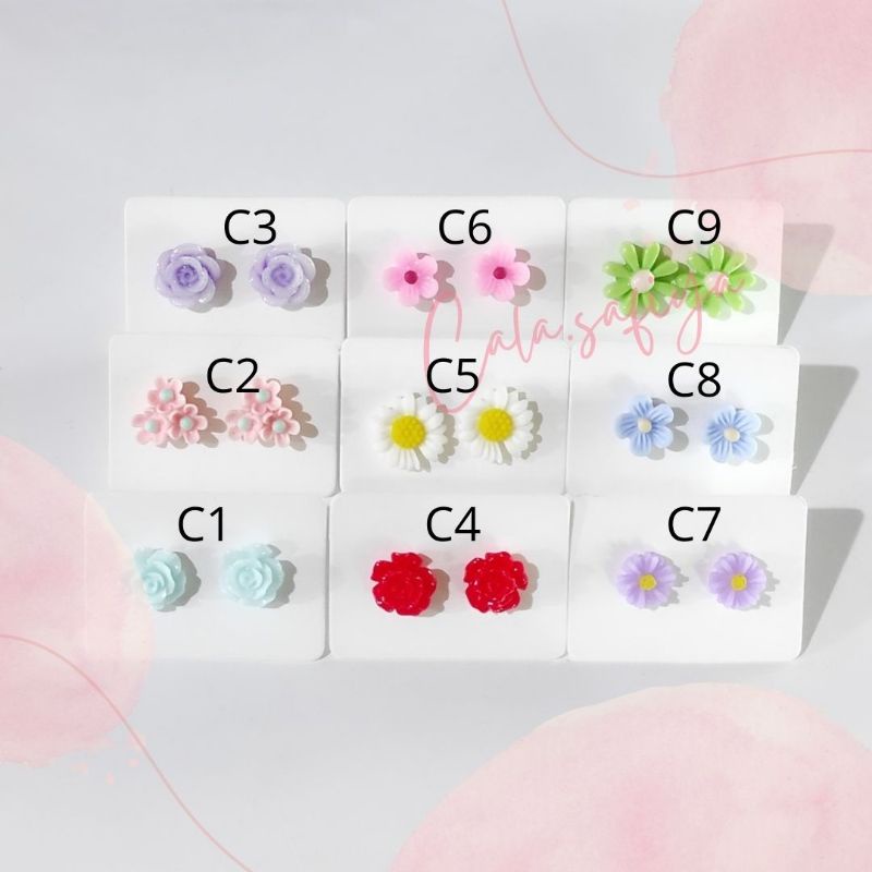 ANTING WANITA BUNGA PLASTIK TINY FLOWER STUD EARING MFS PLASTIC ANTING TINDIK KECIL ANTIKARAT-Stud Bunga Plastik C