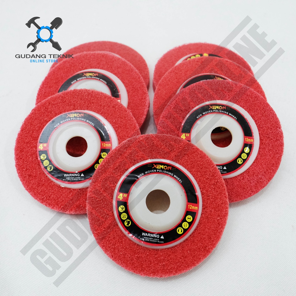 Batu Gerinda Grenda Poles Non Woven Wheel Merah Stainless 4&quot; XENON / Mata Batu Gerinda Asah Stainless 4 Inch x 12mm XENON