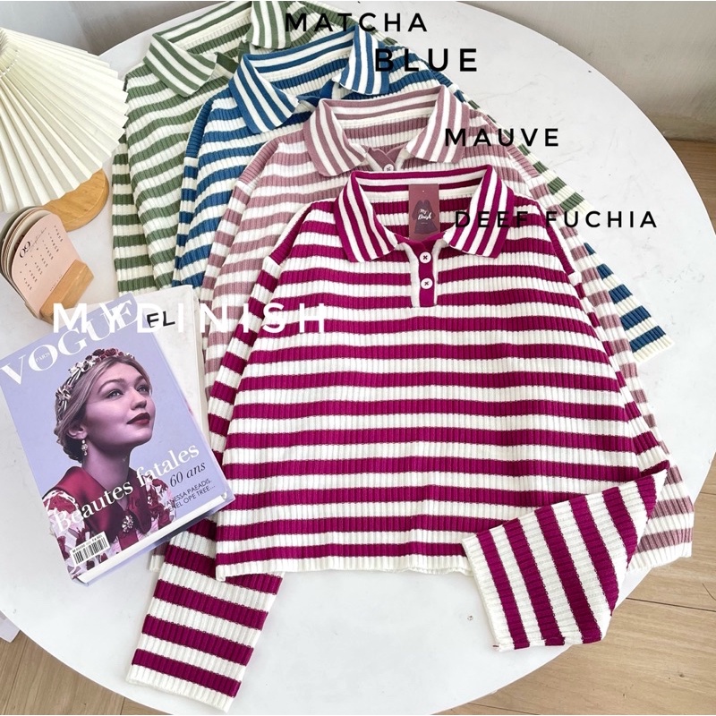 Freya Crop Blouse - Atasan Blouse Wanita Berkerah Polo Motif Stripe