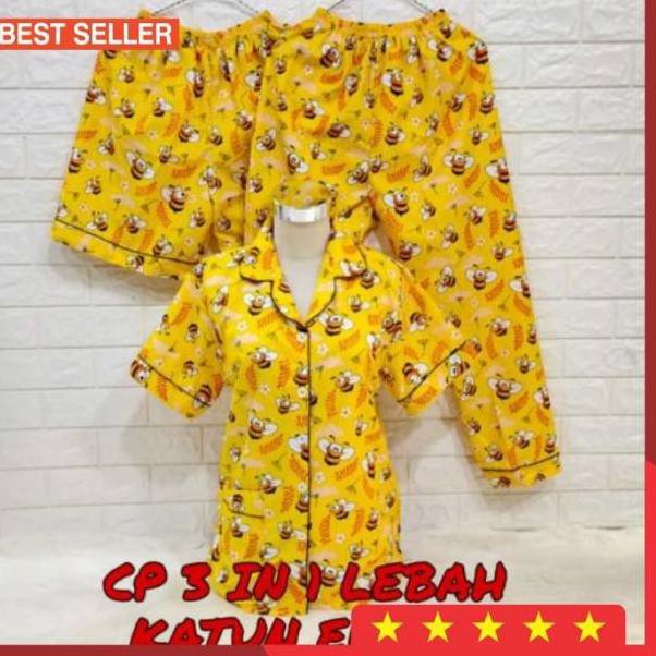 Piyama Wanita Dewasa / Baju Tidur 3 in1 Dewasa Motif LEBAH / Fit To XL