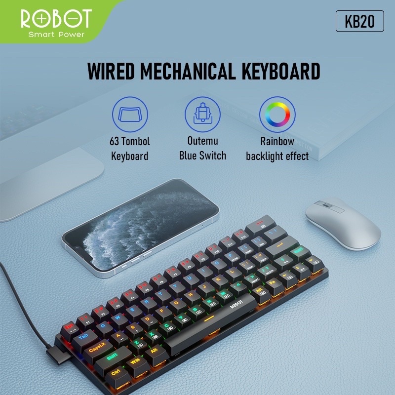 ROBOT KB20 Keyboard Wired Mechanical Blue Switch 63 Keys Rainbow Light / Keyboard Gaming Mekanikal FULL Anti Ghosting Port