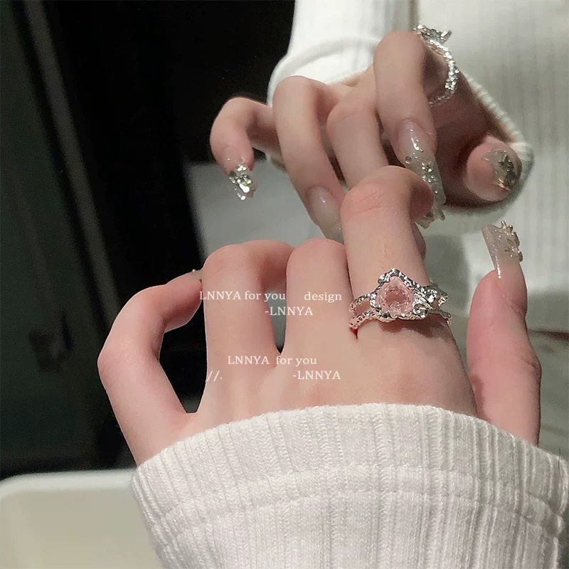 YEEZII Cincin Silver Adjustable Hias Kristal Pink Untuk Wanita