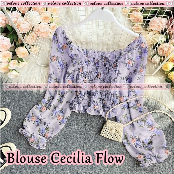 K90 Blouse Bunga Tangan Panjang Serut Karet Baju Sabrina Kece Fashion Wanita Modis Korea Style