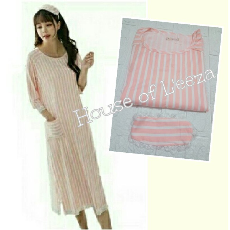 Daster Stripe peach putih (set penutup Mata)/Daster Wanita Import ALL SIZE/ daster dewasa import