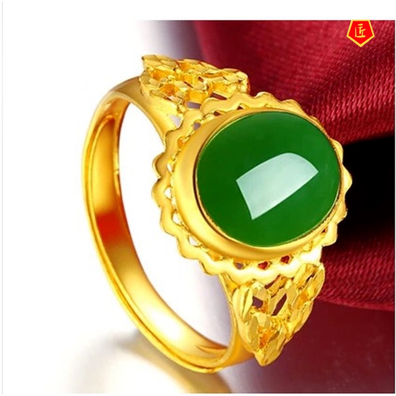 [Ready Stock]Women's Gold Inlaid with Jade Ring Hetian Jade Elegant Graceful