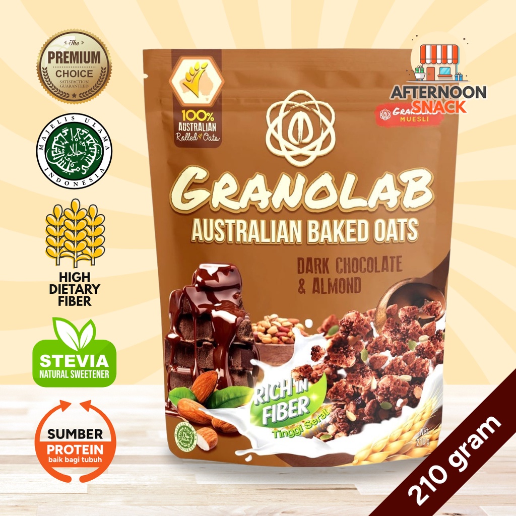 Granolab Dark Chocolate Almond 210 gram Granola Snack Diet Sehat Tinggi Serat &amp; Protein