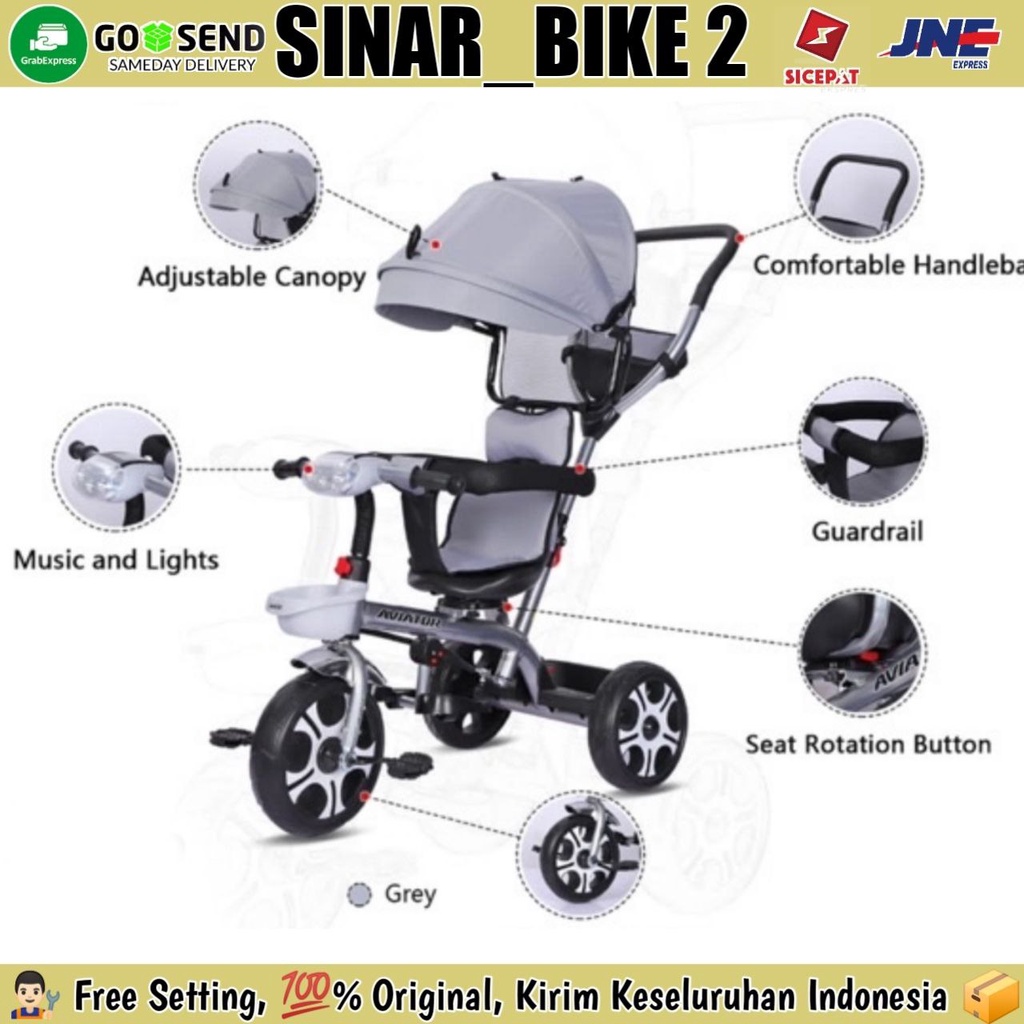 Sepeda Roda Tiga 3 AVIATOR AT-7705 Kursi Putar Musik Tricycle Anak