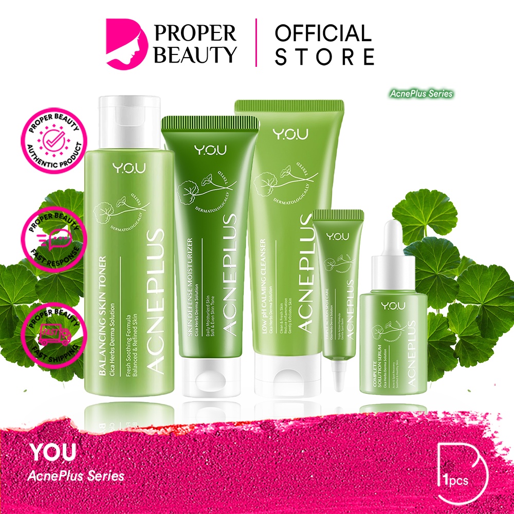 YOU AcnePlus Series Indonesia / Low pH Calming Cleanser Balancing Skin Toner Complete Solution Serum Triple Action Spot Care Skin Defense Moisturizer / Pembersih Pelembab Berjerawat Obat Totol Jerawat / Facial Wash Cream Muka Wajah / Y.O.U Acne Plus Paket