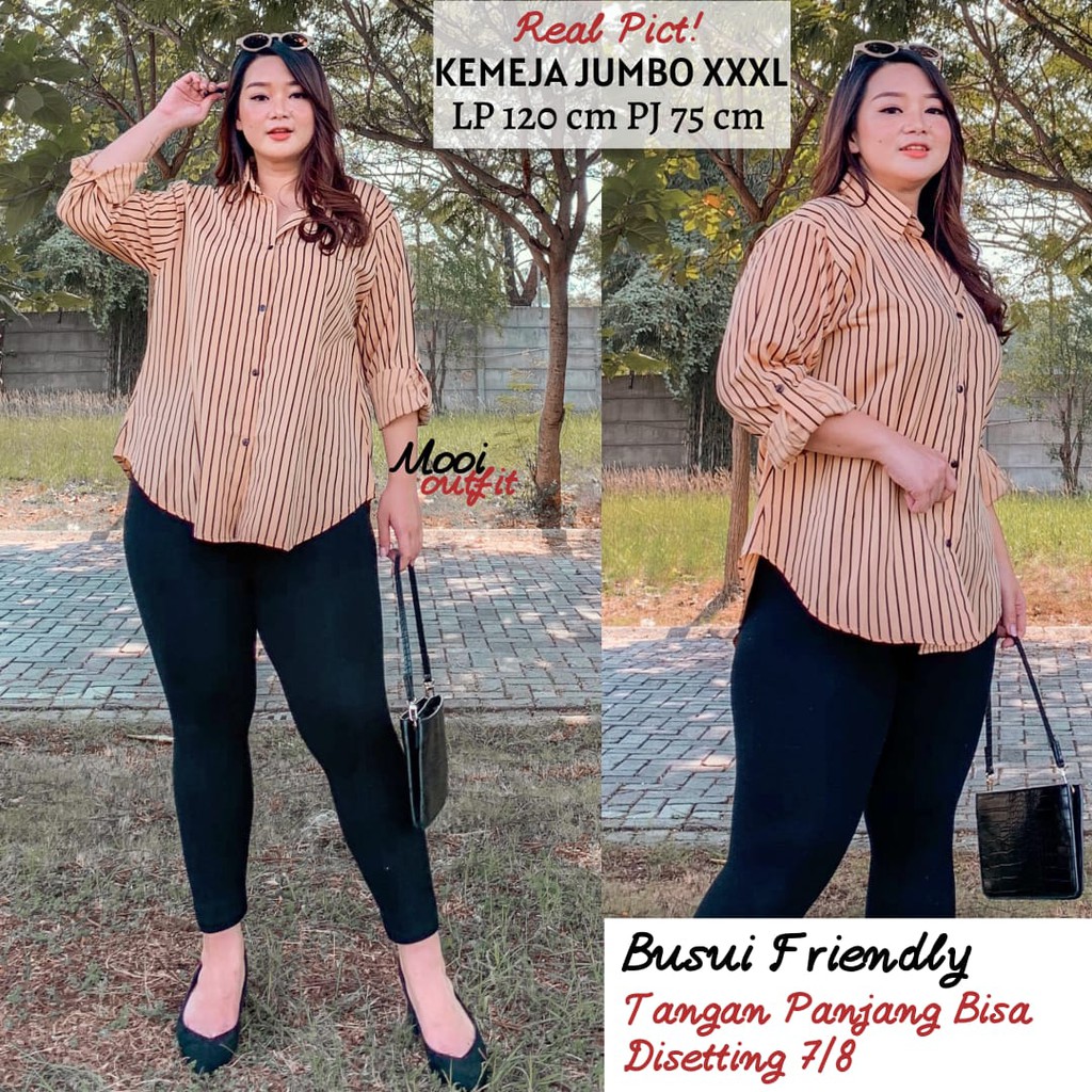 Kemeja Salur Oversize Wanita Jumbo Silang Belakang Atasan Kekinian Stripe