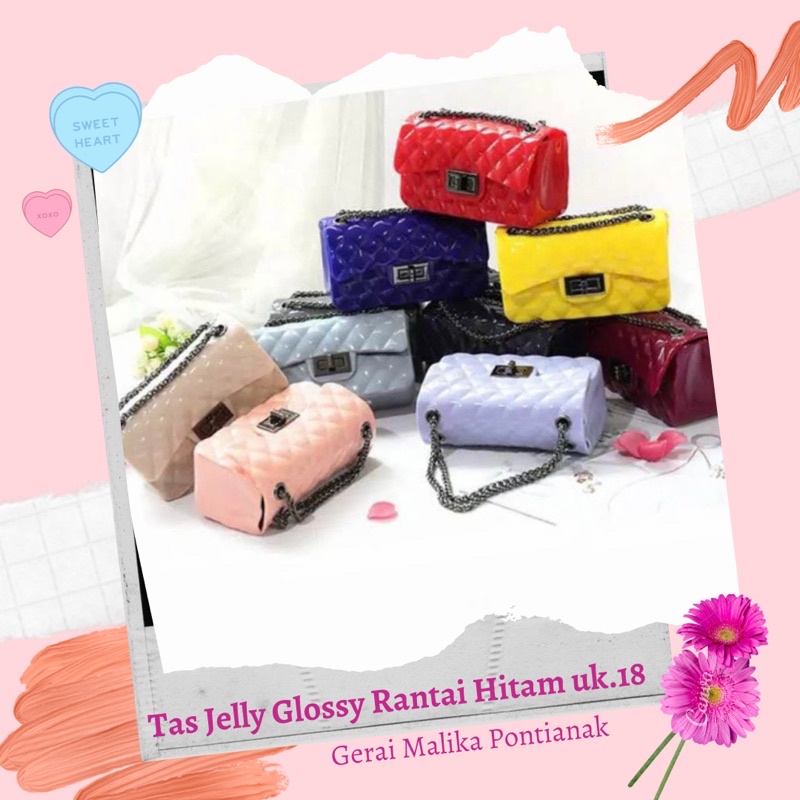 Tas jelly glossy rantai hitam 18 selempang dewasa import mini bag korea mutiara boneka tali emas