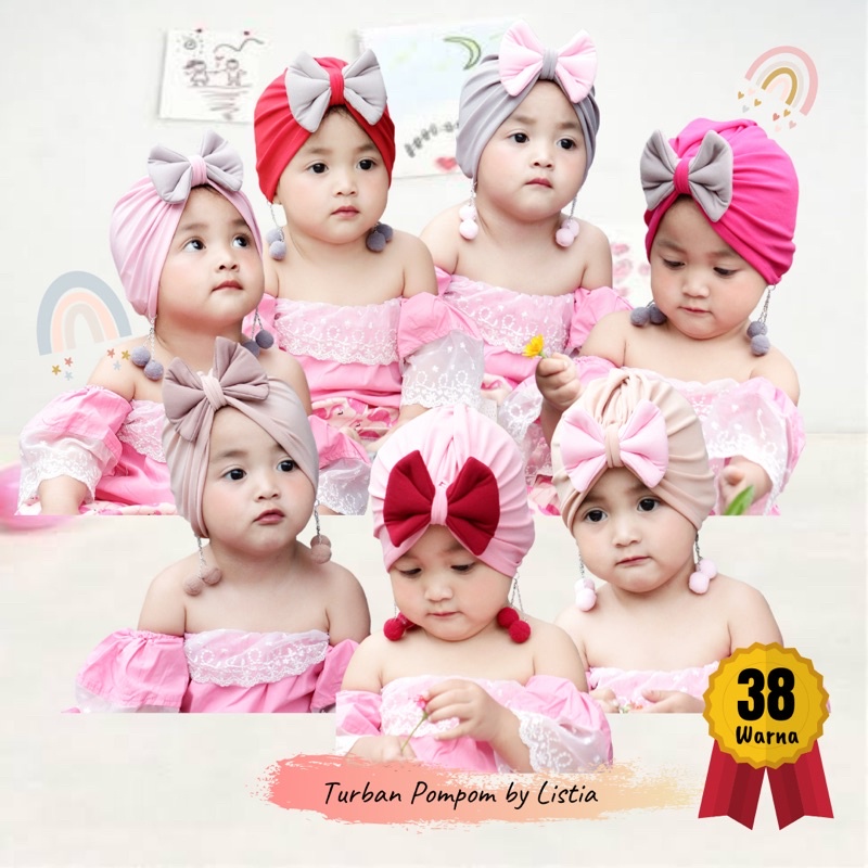 1 Set 7 Pcs Turban Kupu Beda Warna Pom-pom | Turban Anak | Turban Bayi | Alus Collection | BISA C.O.D