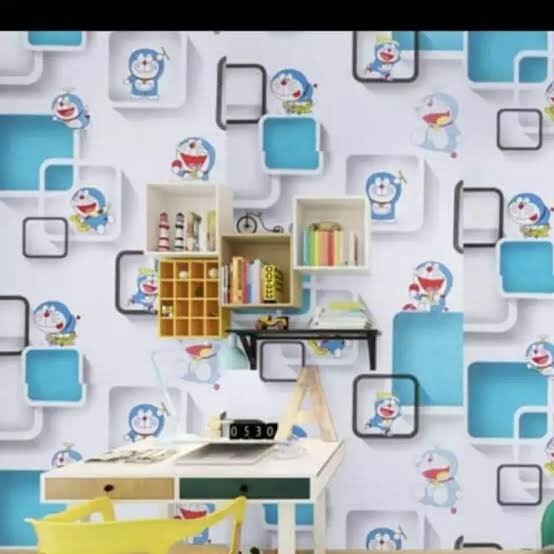 Wallsticker Stiker Wallpaper Dinding Motif Doraemon 3D Kotak 45cm X 10m GH167 Ada Lem Tinggal Tempel