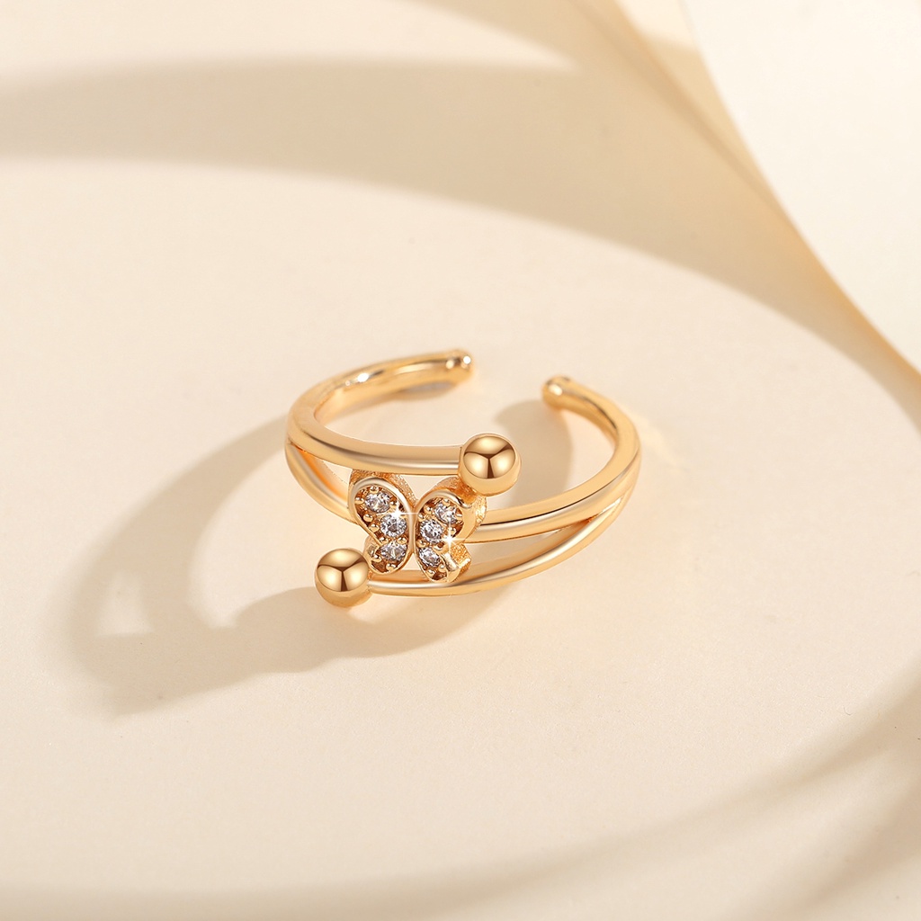 Y691 【COD】 Cincin Titanium Berlian Kristal Emas Fashion Wanita Perhiasan Rings Kupu-Kupu Adjustable Size