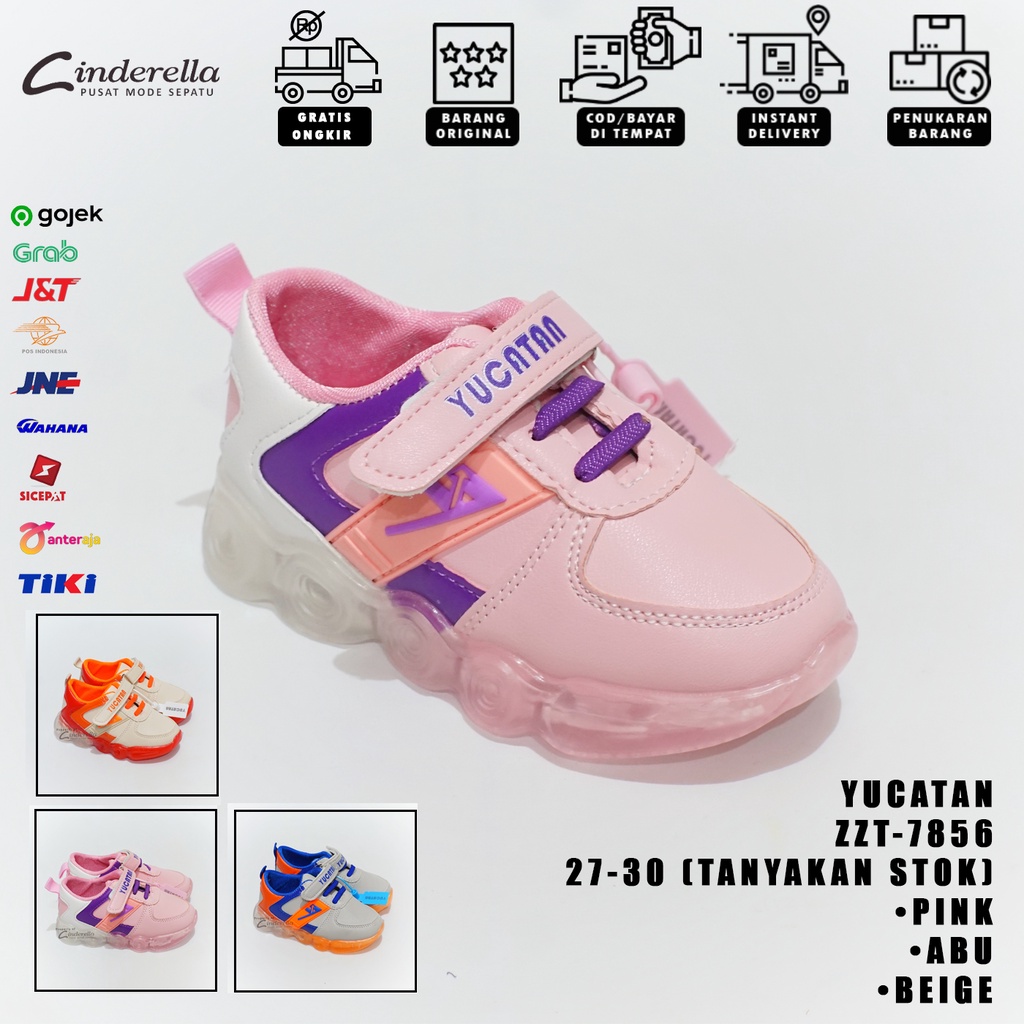 Sepatu Sneakers Anak Unisex Yucatan 7856 Pink,Abu & Beige (LED)