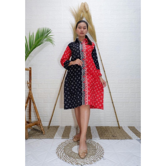tunik batik kombinasi bahan cap asli solo kancing depan dress wirda Batik Kalimataya