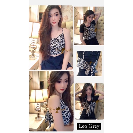 Leopard Ribbon Vest | rompi tanktop tali pita belakang tali pita depan grey chocolate motif macan